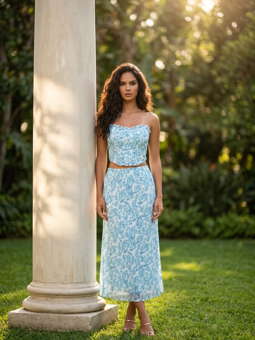 Papermoon Light Blue Flowers Midi Skirt and Crop Top Set